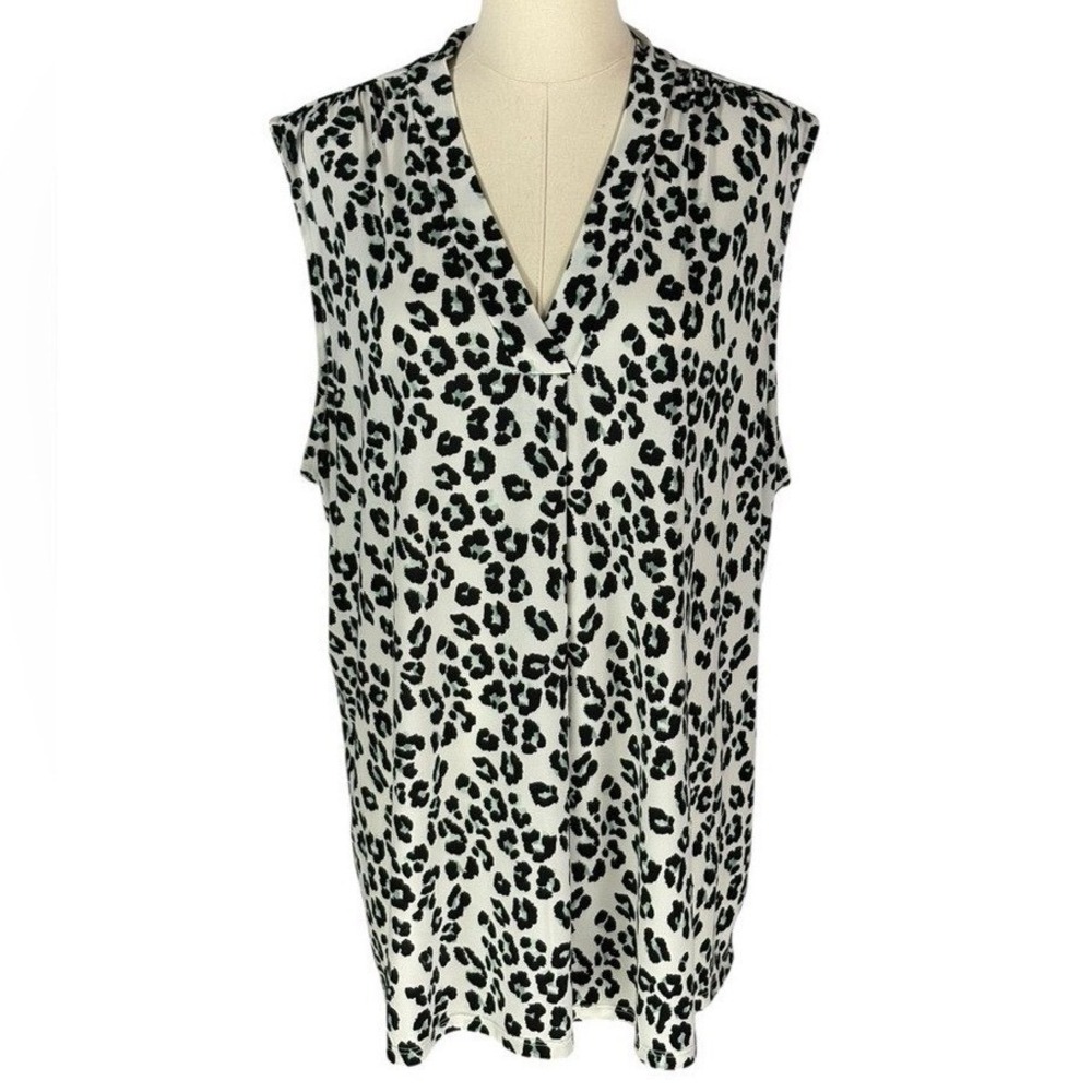 Ophelia Roe Sleeveless Blouse White Black Leopard Animal Print V-Neck 2X